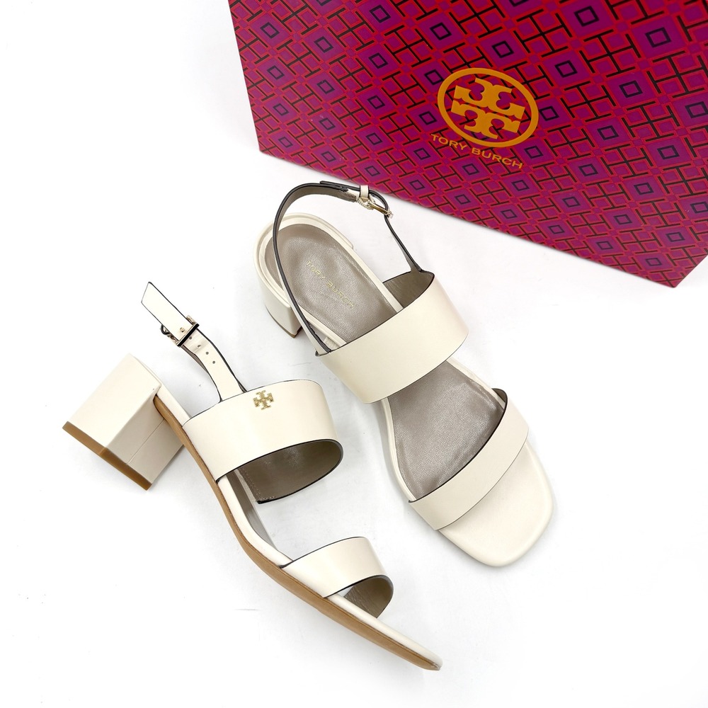 Tory Burch Double T Heel Sandal‎ Light Cream Ivory Leather Womens Sz 8.5
